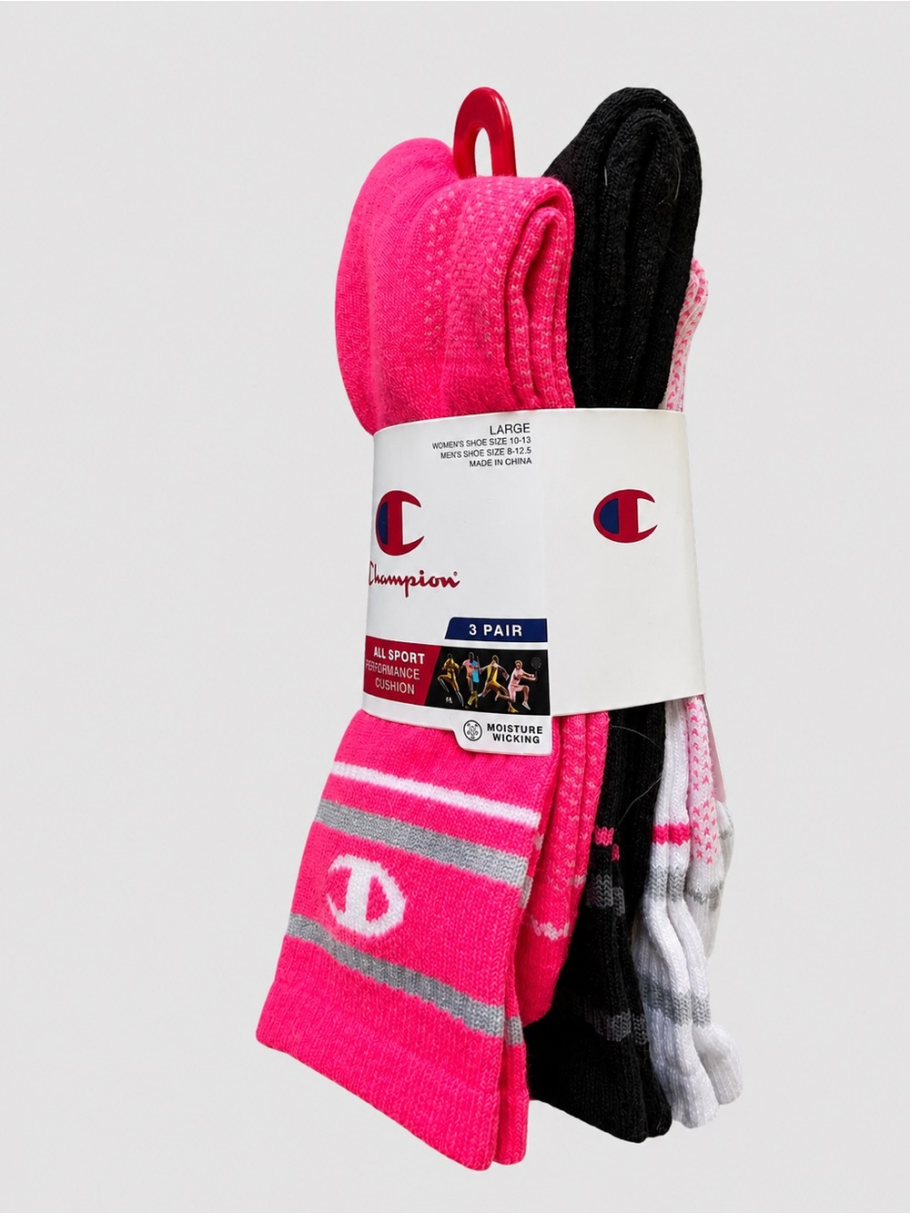 Champion 3-Pair Performance Crew Socks Pink Black White Large